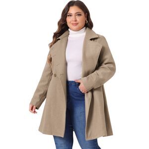 Plus Size A-Line Peter Pan Collar Double Breasted Coats Light Brown